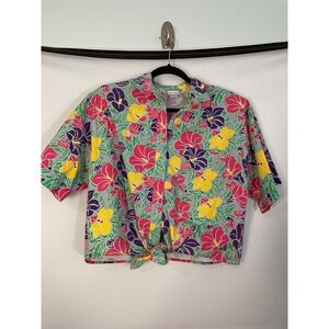 Gina‎ Peters Hawaiian Hibiscus Floral Print Button Up Shirt Top Women Size M
